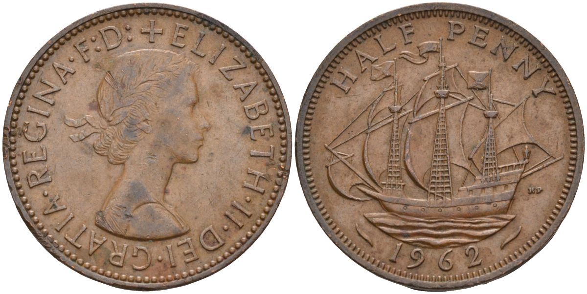 Великобритания 1/2 пенни 1962 Елизавета II (1952-2022) KM 896, Spink 4158 бронза 4126-756