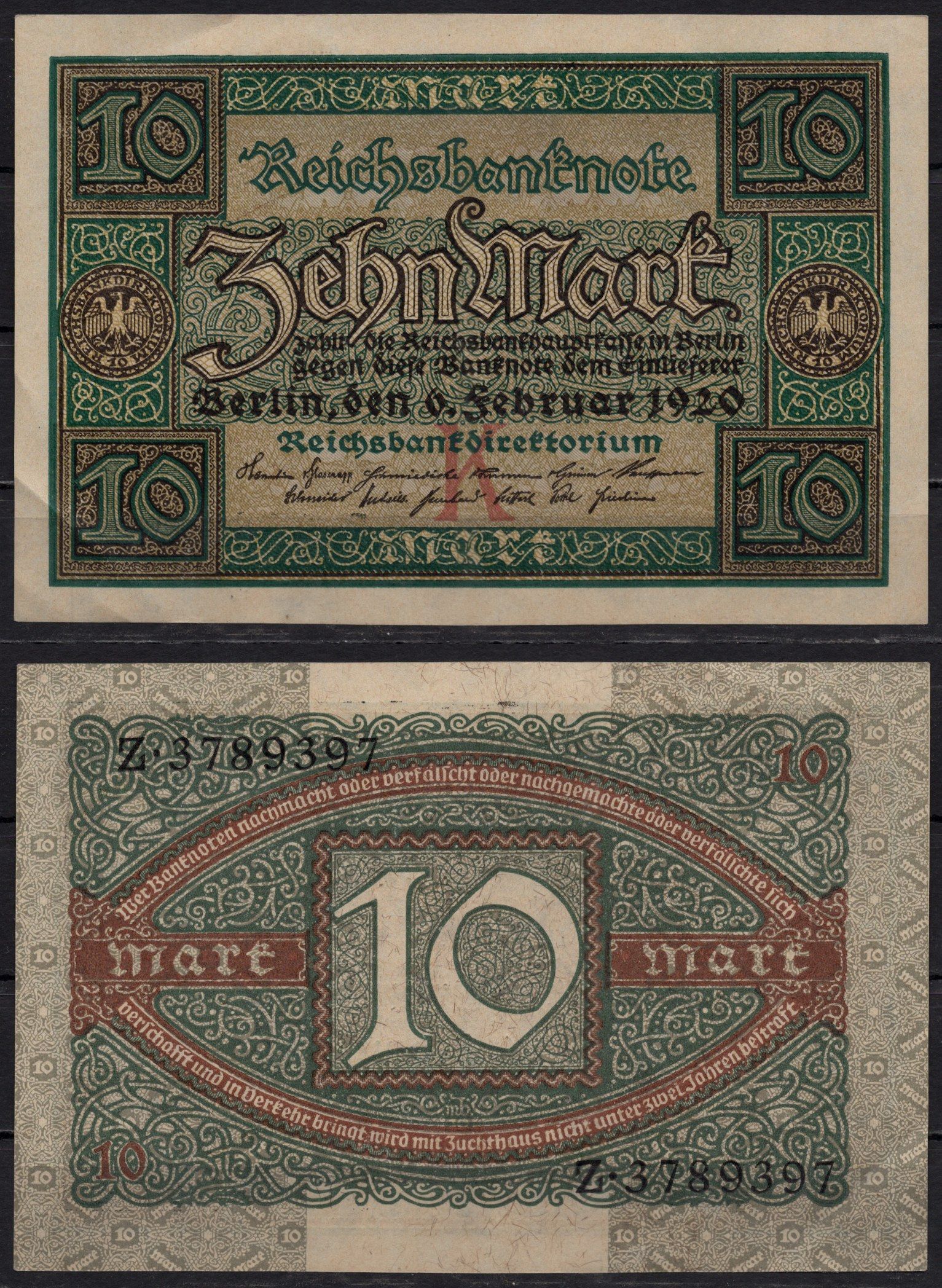 Германия 10 марок 1920 Pick 67a бумага 8602-31-2-1