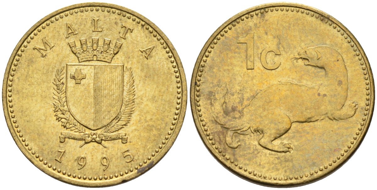 Мальта 1 цент 1995 ласка, горностай KM 93 никель латунь 4585-1239