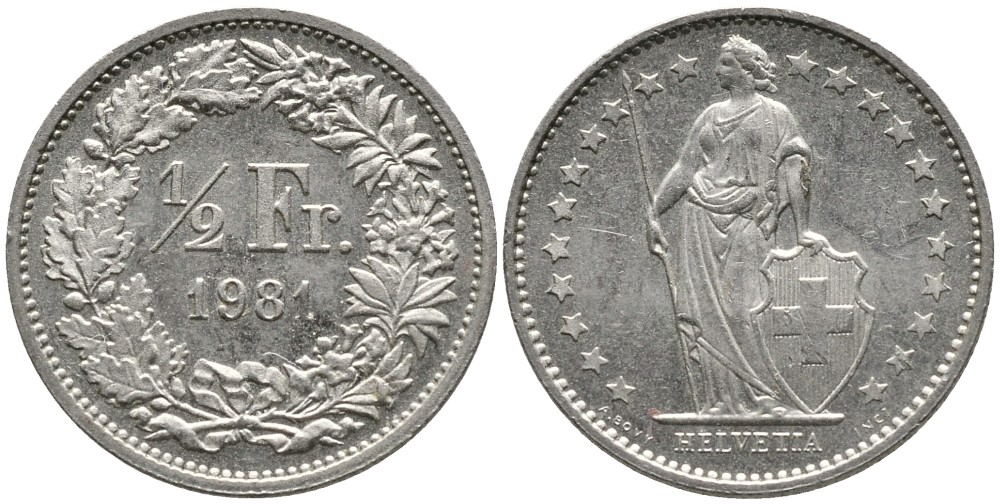 ШВЕЙЦАРИЯ 1/2 ФРАНКА 1981 KM 23а.1 медно-никель 4528-563
