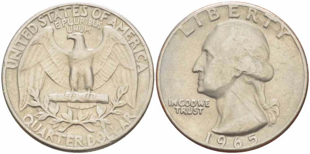 США 25 центов (квотер) 1965 Вашингтон KM 164a медь плакированная медно-никелем 213-1234