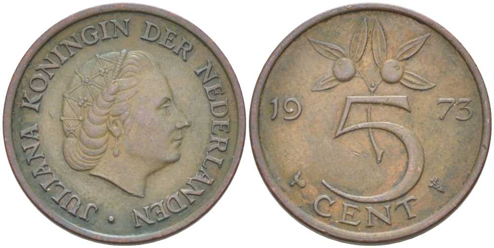 НИДЕРЛАНДЫ 5 ЦЕНТОВ 1973 ЮЛИАНА (1948-1980) KM 181 бронза 213-1123