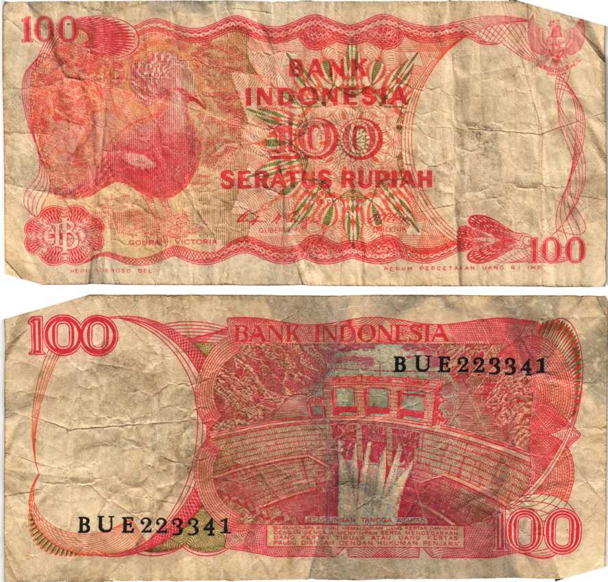 ИНДОНЕЗИЯ 100 РУПИЙ 1984 ВЕНЦЕНОСНЫЙ ГОЛУБЬ, ДАМБА АСАХАНА, ЛИТОГРАФИЯ Pick 122b бумага 6280-6-3-2