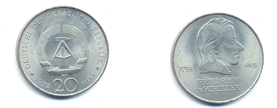 ГДР 20 марок 1972 А, Фридрих Шиллер (1759-1805) KM 40 медно-никель 3333-743