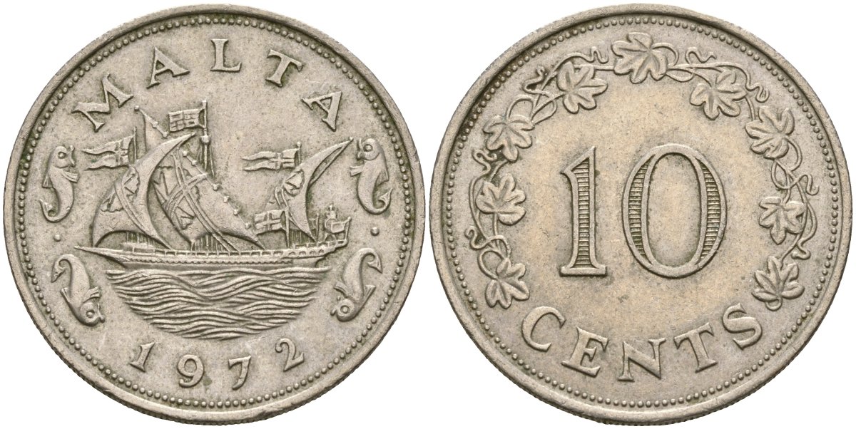 Мальта 10 центов 1972 баржа Великого магистра KM 11 медно-никель 4137-842