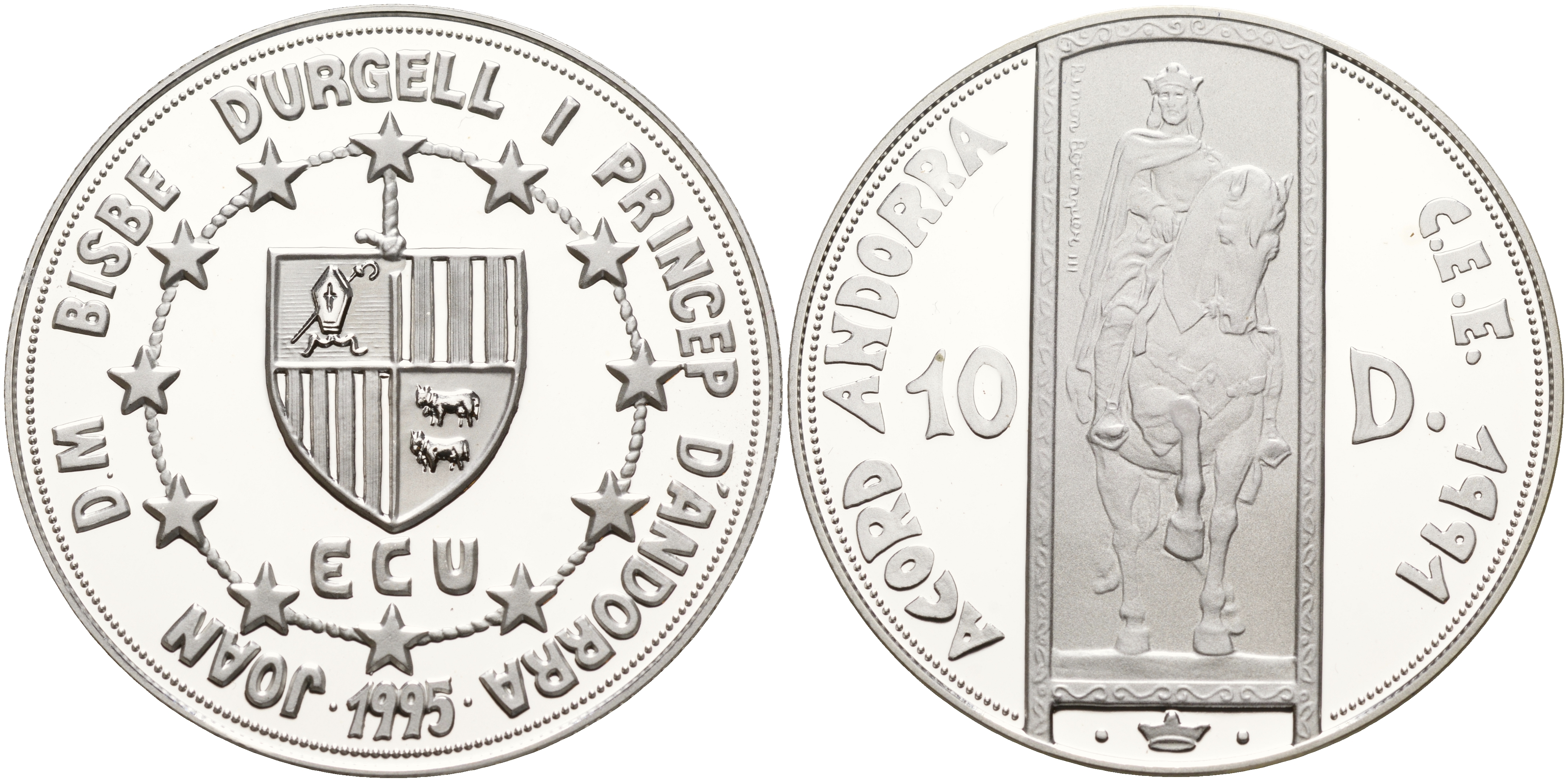 Андорра 10 динеров 1995 Рамон Беренгер III (1082-1131), таможенный союз ECU KM 105 серебро PROOF 11-236-15