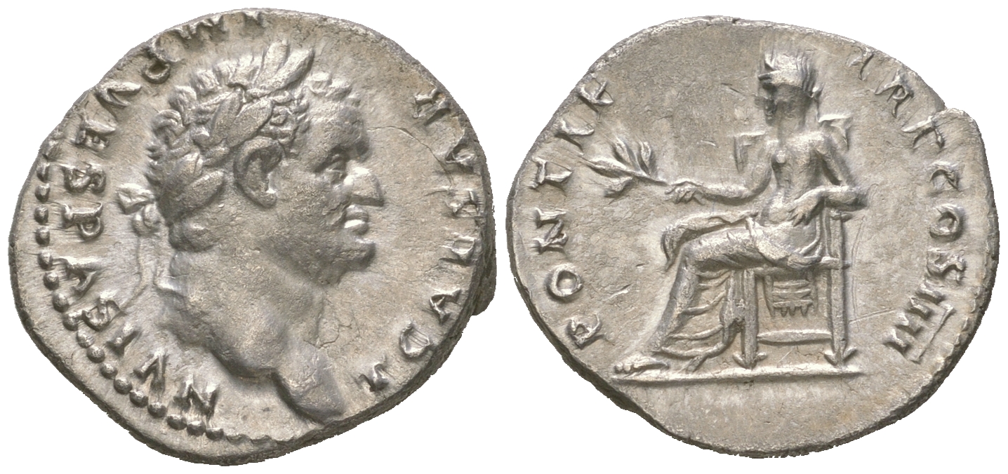 Римская Империя денарий 75 Тит, T CAESAR IMP VESPASIAN, голова императора/PONTIF TR P COS IIII, Пация, богиня Мира, Рим, 3,30 гр, extremely fine RIC 185 серебро 00-00