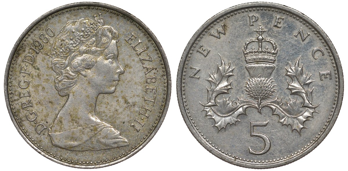 Великобритания 5 пенсов 1980 Елизавета II (1952-2022) KM 911, Spink 4233 (D1) медно-никель 4128-845