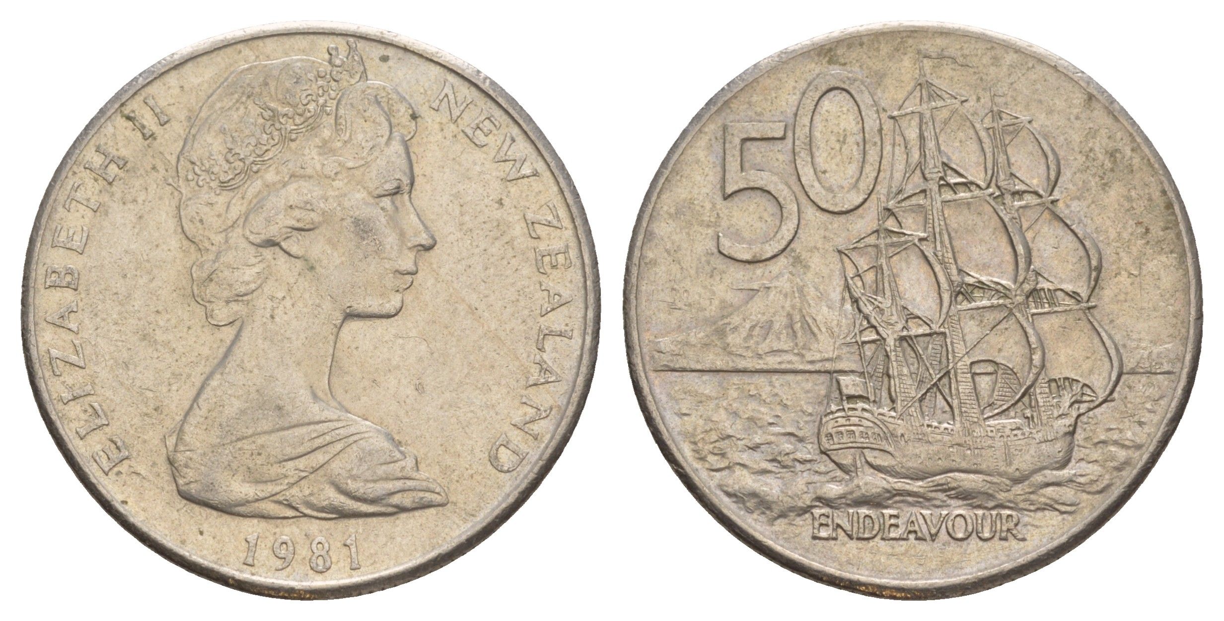 Новая Зеландия 50 центов 1981 Елизавета II (1952-2022), парусник Индевор KM 37 медно-никель 4645-623