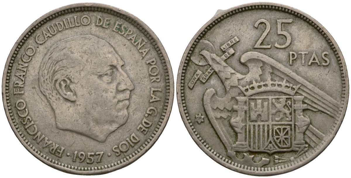 Испания 25 песет 1957 (59) KM 787 медно-никель 92-251
