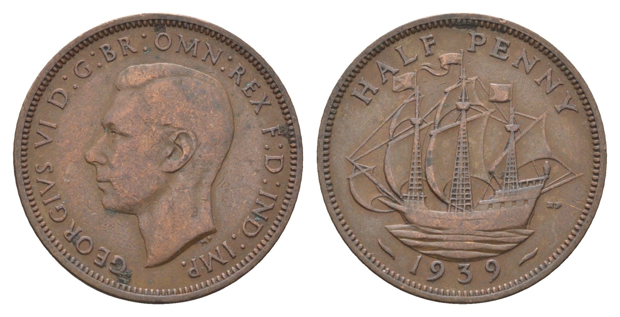 Великобритания 1/2 пенни 1939 Георг VI (1936-1952) KM 844, Spink 4115 бронза 4662-1046