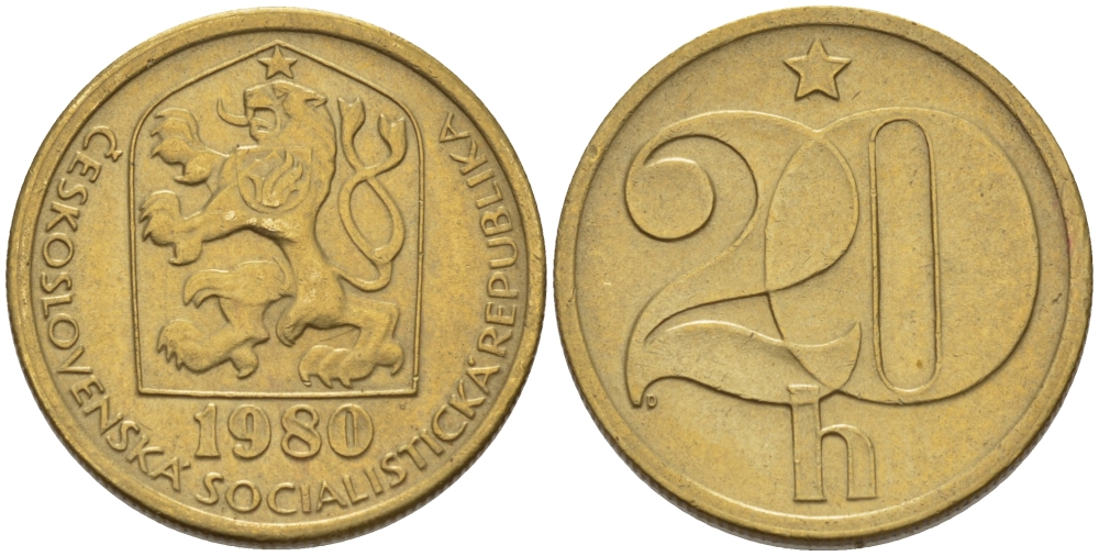 ЧЕХОСЛОВАКИЯ 20 ГЕЛЛЕРОВ 1980 СОЦИАЛИСТИЧЕСКАЯ РЕСПУБЛИКА KM 74 латунь 4383-419