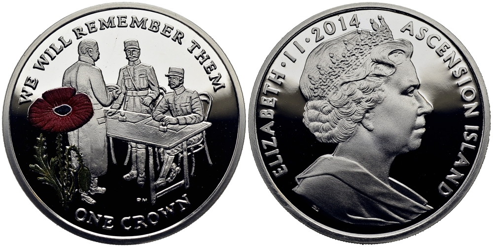 Остров Вознесения 1 крона 2014 в память героев первой мировой войны, допрос, красный мак KM NEW серебро, эмаль PROOF 1071-3-62