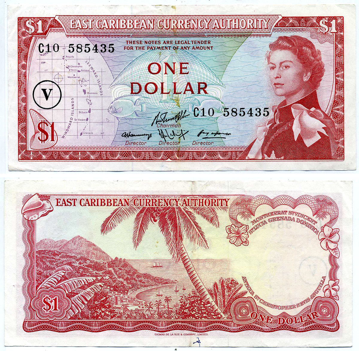 Восточно-Карибские штаты 1 доллар 1965 Британская администрация, подпись 10, серия С10, В КРУГЕ буква "V" (СЕНТ ВИНСЕНТ И ГРЕНАДИНЫ) Pick 13o бумага VF-XF 2197-30-2-2