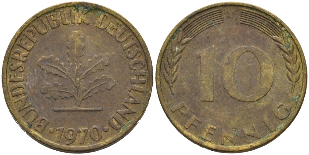 ФРГ 10 ПФЕННИГОВ 1970 D KM 103, J. 378 сталь плакированная латунью 4529-731