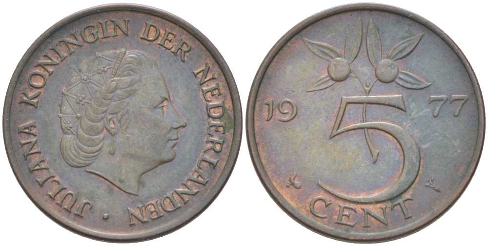 Нидерланды 5 центов 1977 Юлиана (1948-1980) KM 181 бронза 213-1143