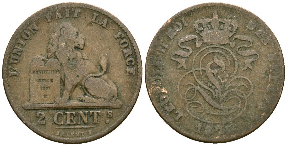Бельгия 2 сантима 1873 Des Belges, Леопольд II (1865-1909) KM 35.1 медь 4177-1044