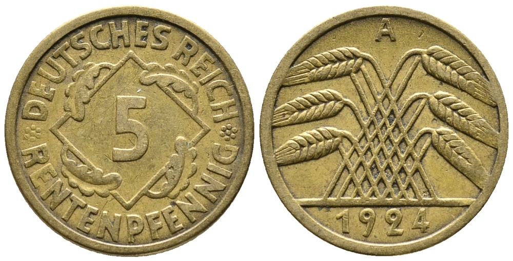 ГЕРМАНИЯ 5 РЕНТЕНПФЕННИГОВ 1924 A KM 32, J. 308 алюминиевая бронза 39-451