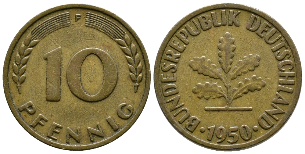ФРГ 10 ПФЕННИГОВ 1950 F KM 108, J.383 сталь плакированная латунью 41-1133