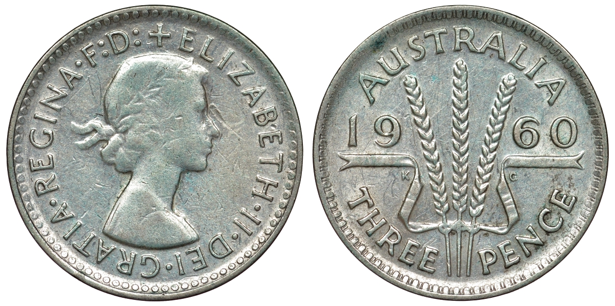Австралия 3 пенса 1960 m, Елизавета II (1952-2022) KM 57 серебро 71-635