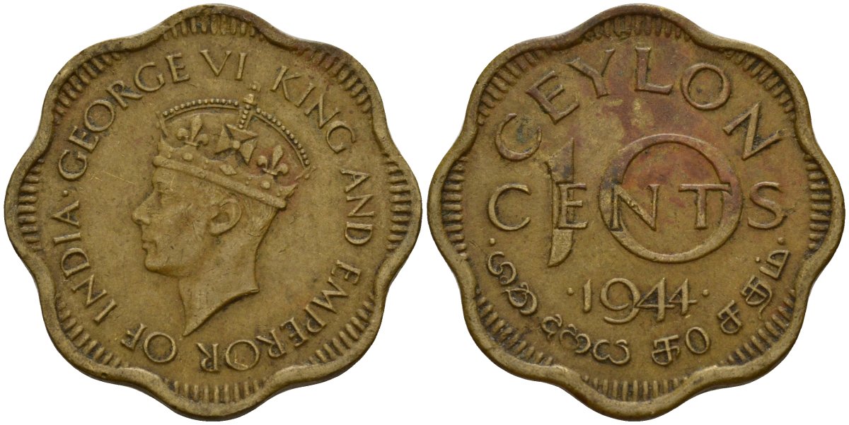 Цейлон 10 центов 1944 Георг VI (1937 - 1952) KM 118 никель латунь 4156-344