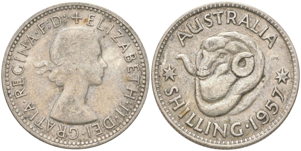 Австралия 1 шиллинг 1957 M, Елизавета II (1952-2022), овца меринос KM 59 серебро 4622-214