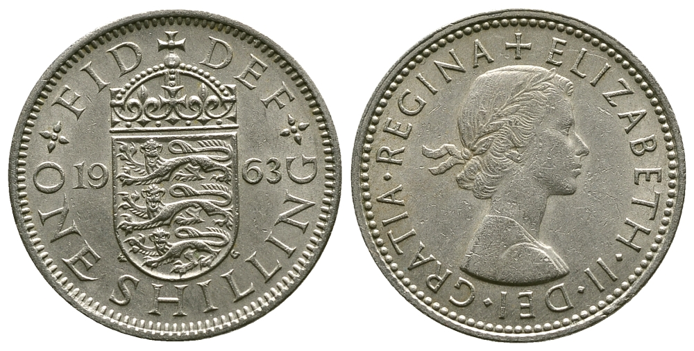 Великобритания 1 шиллинг 1963 Елизавета II (1952-2022), Английский герб KM 904, Spink 4147 медно-никель 4384-456