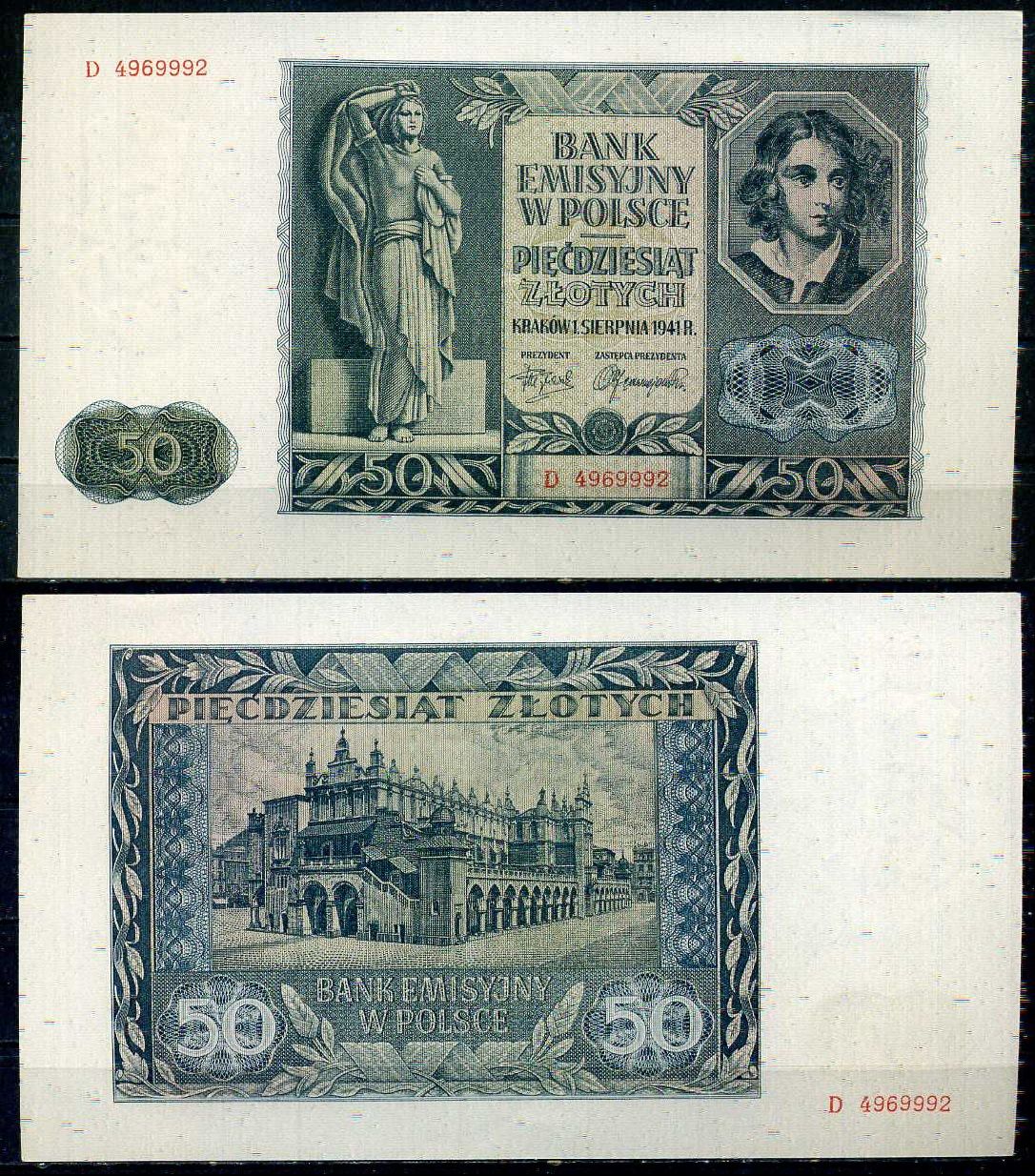 Польша 50 злотых 1941 Фермер, статуя женщины, Эмили Платер Pick 102 (1) бумага UNC (пресс) 6317-16-2-2