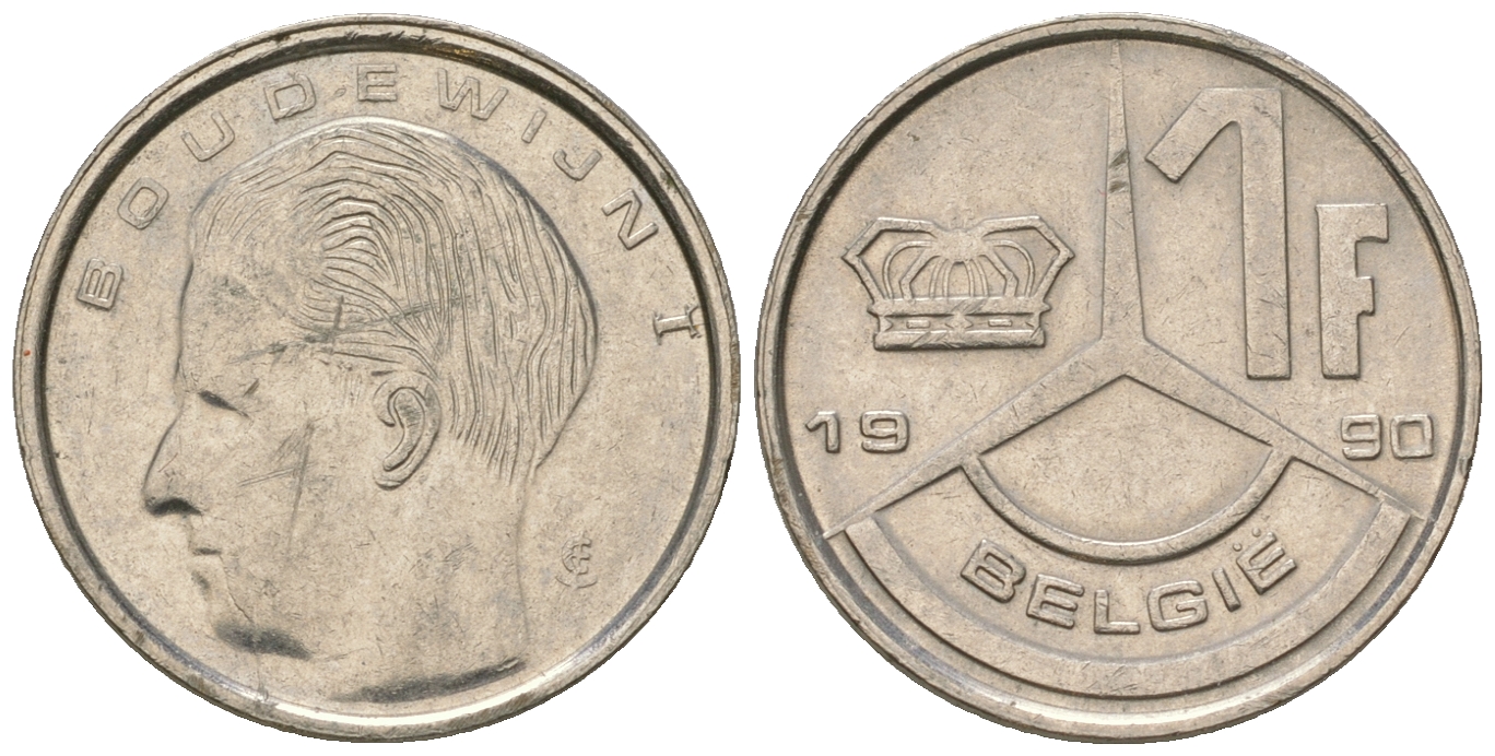 Бельгия 1 франк 1990 Belgie, Бодуэн I (1951-1993) KM 171 нержавеющая сталь 3458-1257