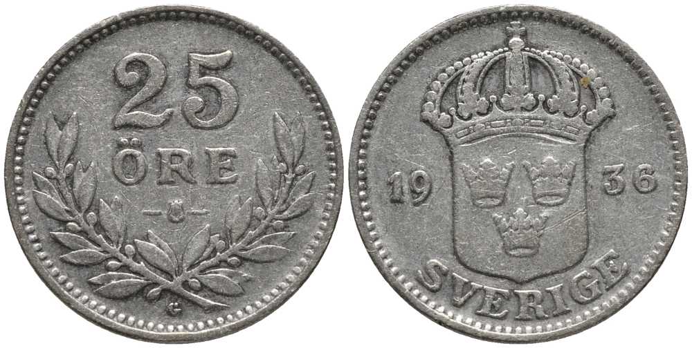 Швеция 25 эре 1936 G, Густав V (1907-1950) КМ 785 серебро 201-1053