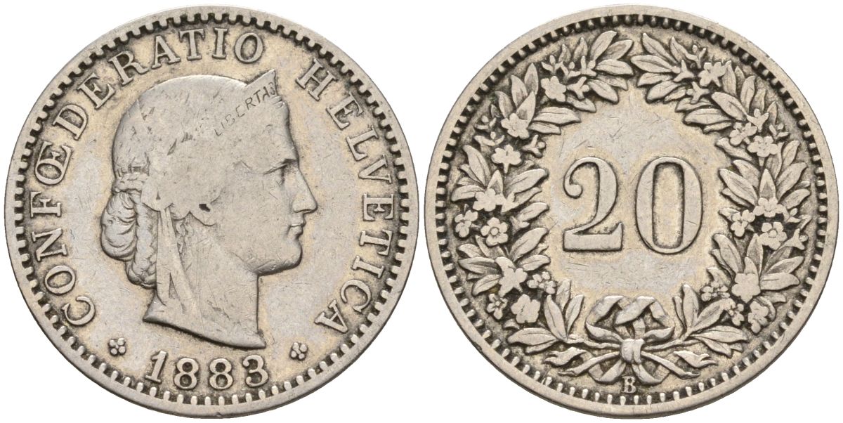 Швейцария 20 раппенов 1883 B KM 29 никель 4606-726