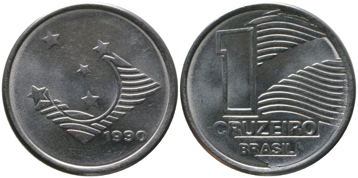 Бразилия 1 крузейро 1990 KM 617, Schon 126 нержавеющая сталь 4567-1223
