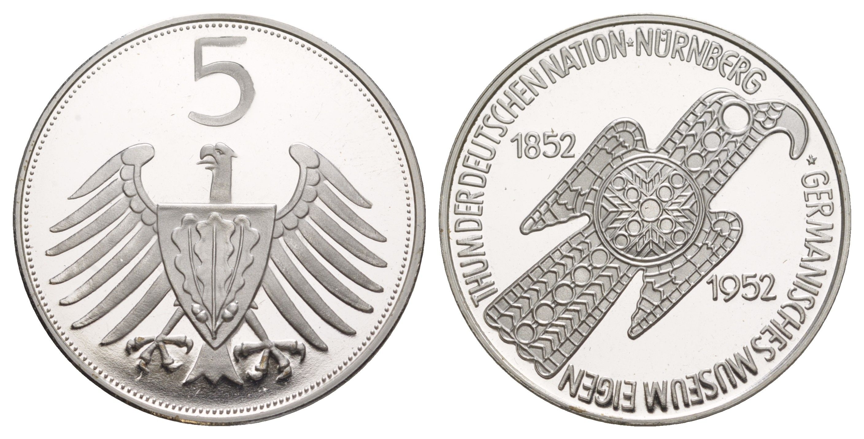 ФРГ медаль "100 лет Нюрнбергскому музею", реверс - реплика монеты 5 марок 1952 белый металл PROOF 4527-213