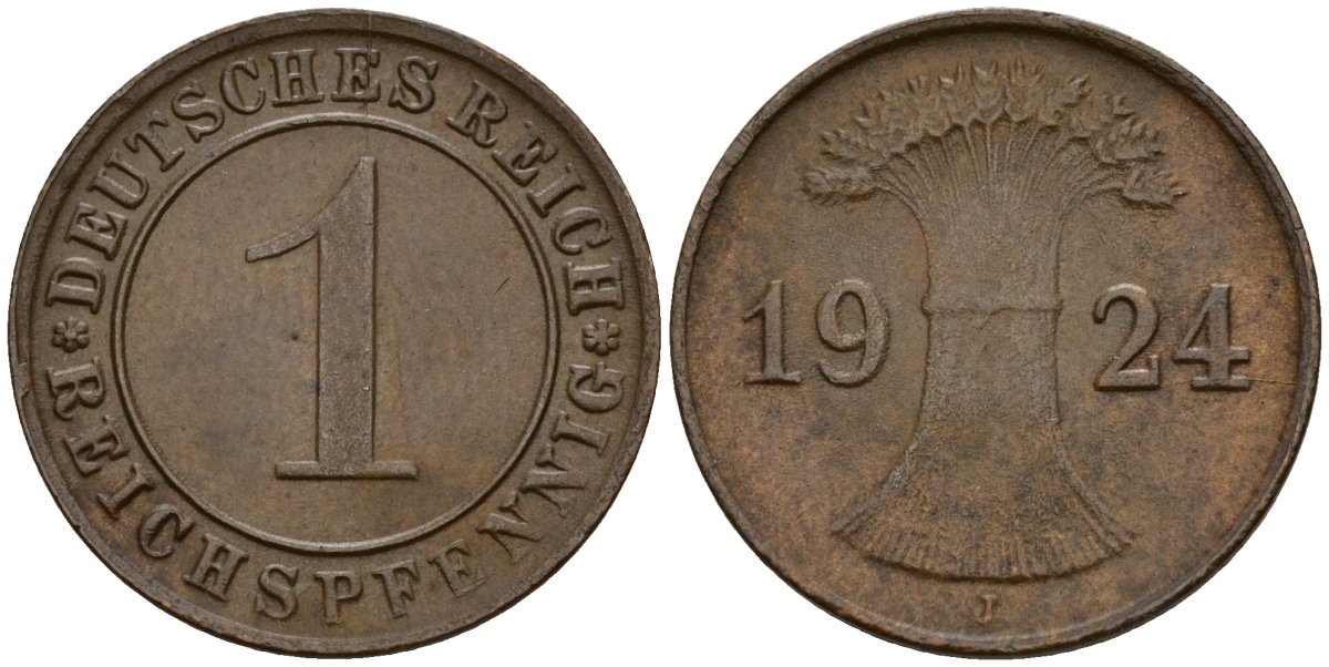 Германия 1 рейхспфенниг 1924 J KM 37, J. 313 бронза 4189-813