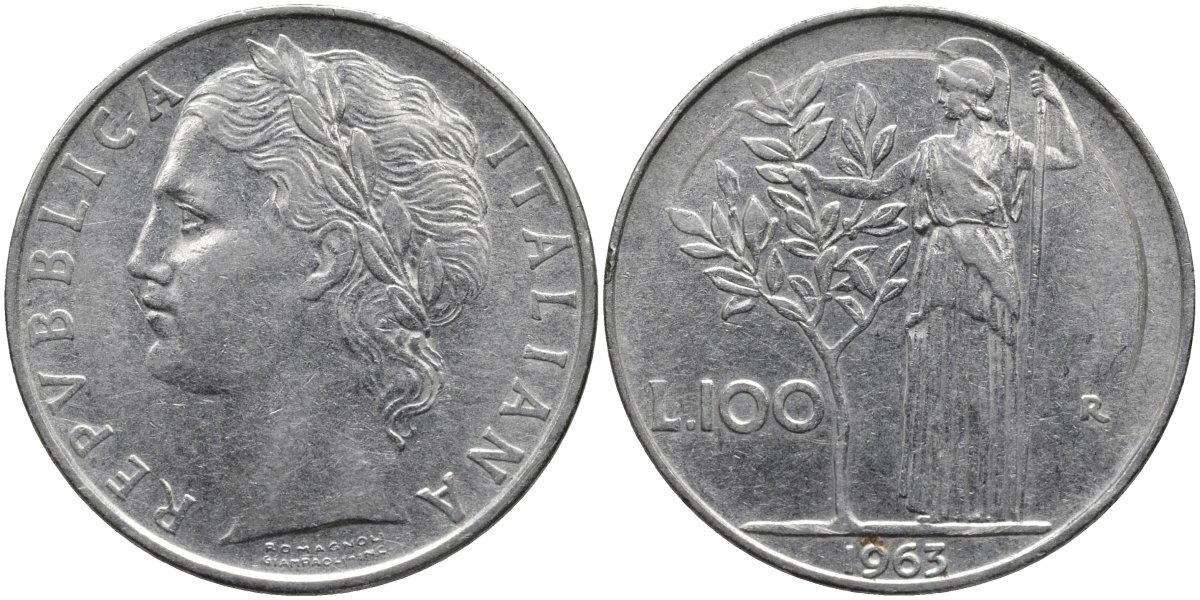 Италия 100 лир 1963 R, Афина в доспехах KM 96.1 нержавеющая сталь 4165-211