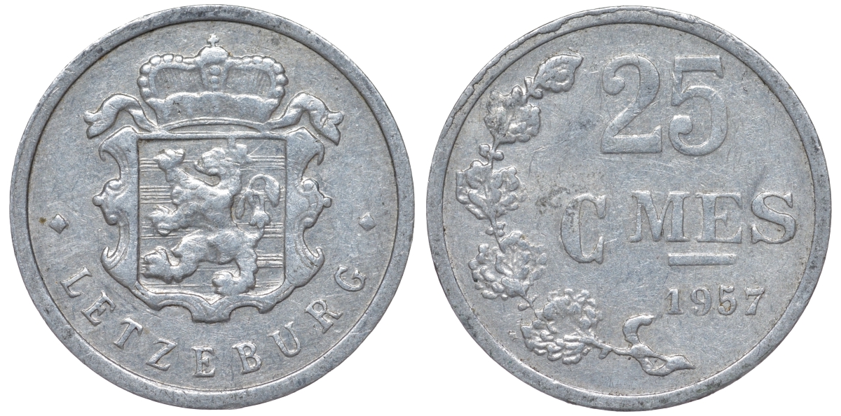 Люксембург 25 сантимов 1957 Шарлотта (1918-1964) KM 45a.1 алюминий 4528-551