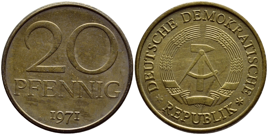 ГДР 20 пфеннигов 1971 А KM 11 латунь UNC 54-1445