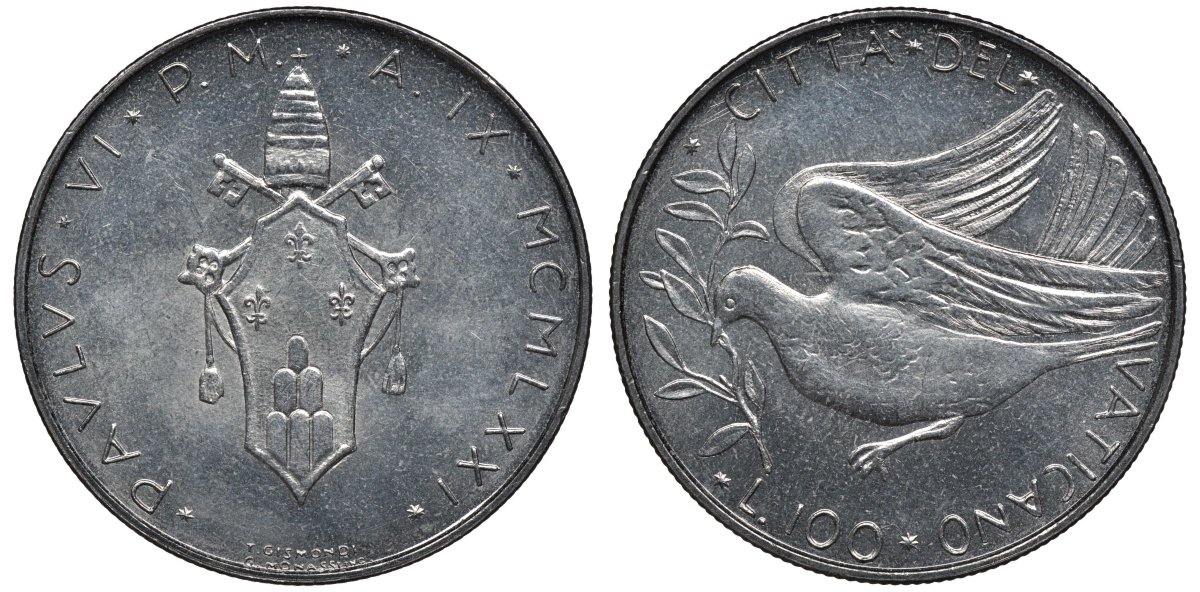 Ватикан 100 лир 1971 голубь, папа Павел VI (1963-1978) KM 122 нержавеющая сталь UNC 4579-643