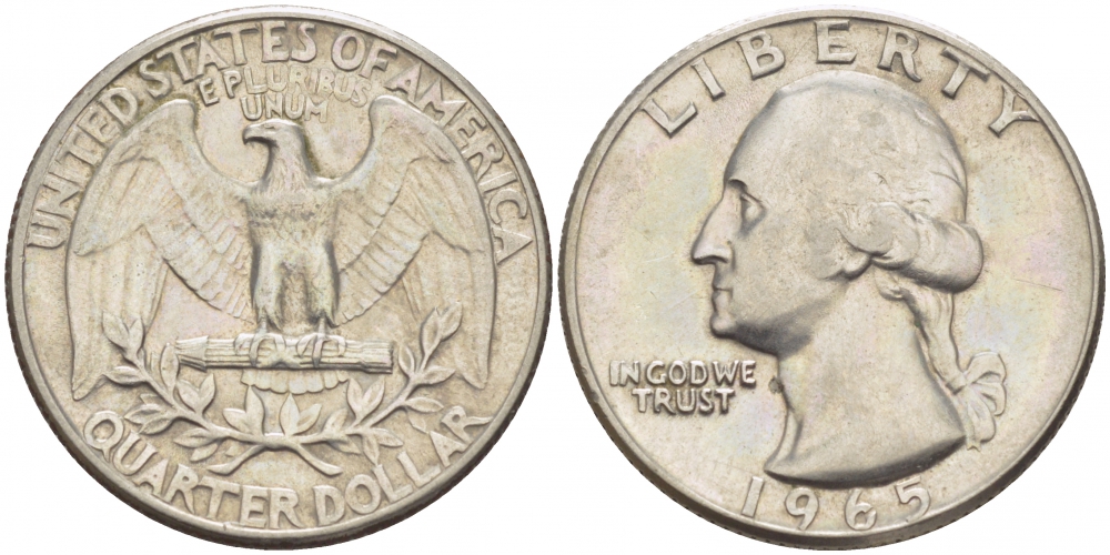 США 25 центов (квотер) 1965 Вашингтон KM 164a медь плакированная медно-никелем 3457-745