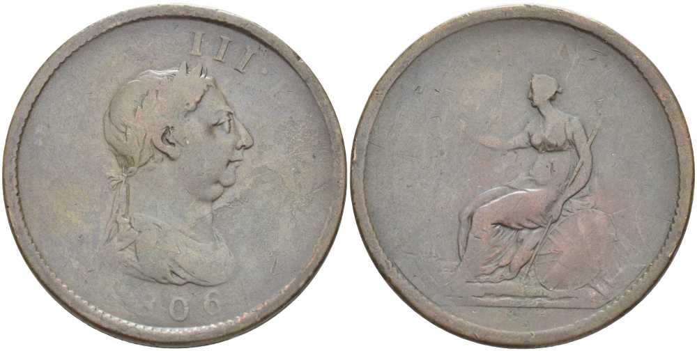 Великборитания 1 пенни 1806 Георг III (1760-1820) Spink 3780, KM 663 медь 97-936