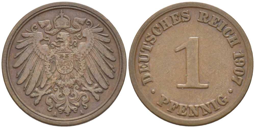 ГЕРМАНИЯ 1 ПФЕННИГ 1907 A KM 10, J. 10, Weege 2 медь 211-351