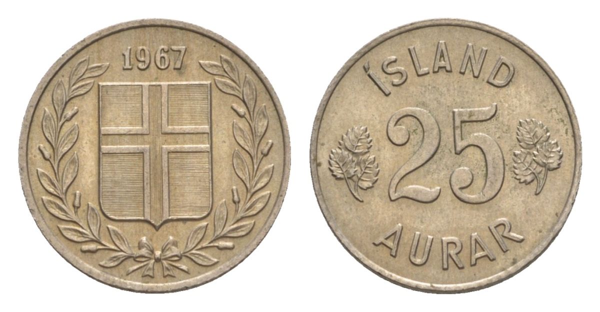 Исландия 25 эйре 1967 KM 11 медно-никель UNC 4632-952