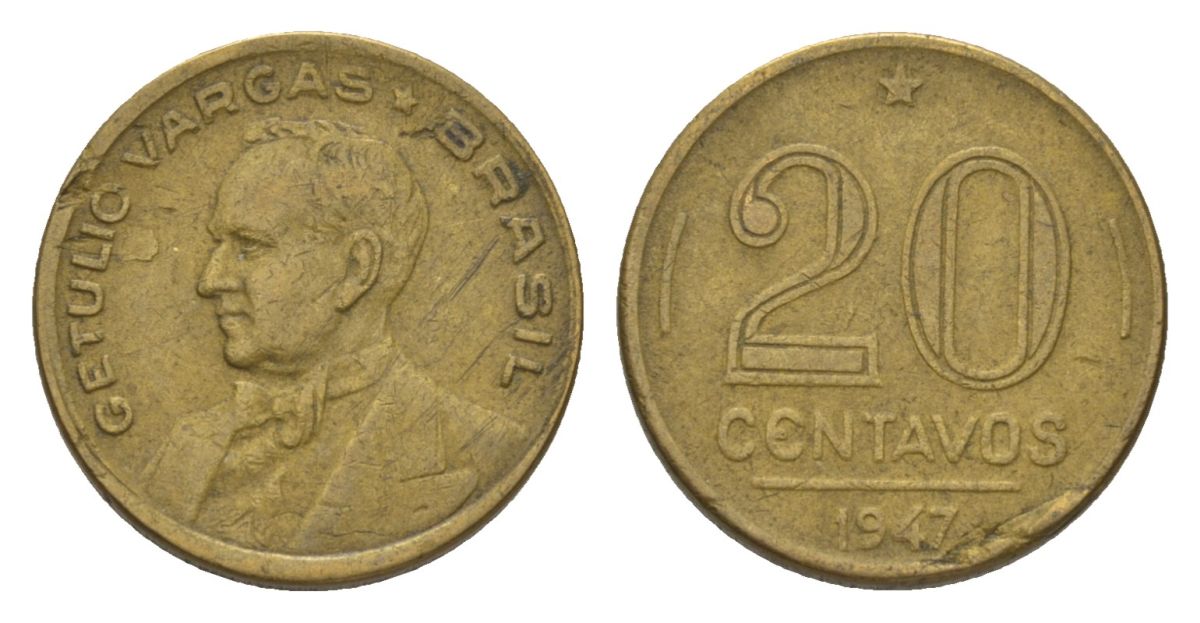 Бразилия 20 сентаво 1947 Жетулиу Варгас KM 556a алюминиевая бронза 4625-946