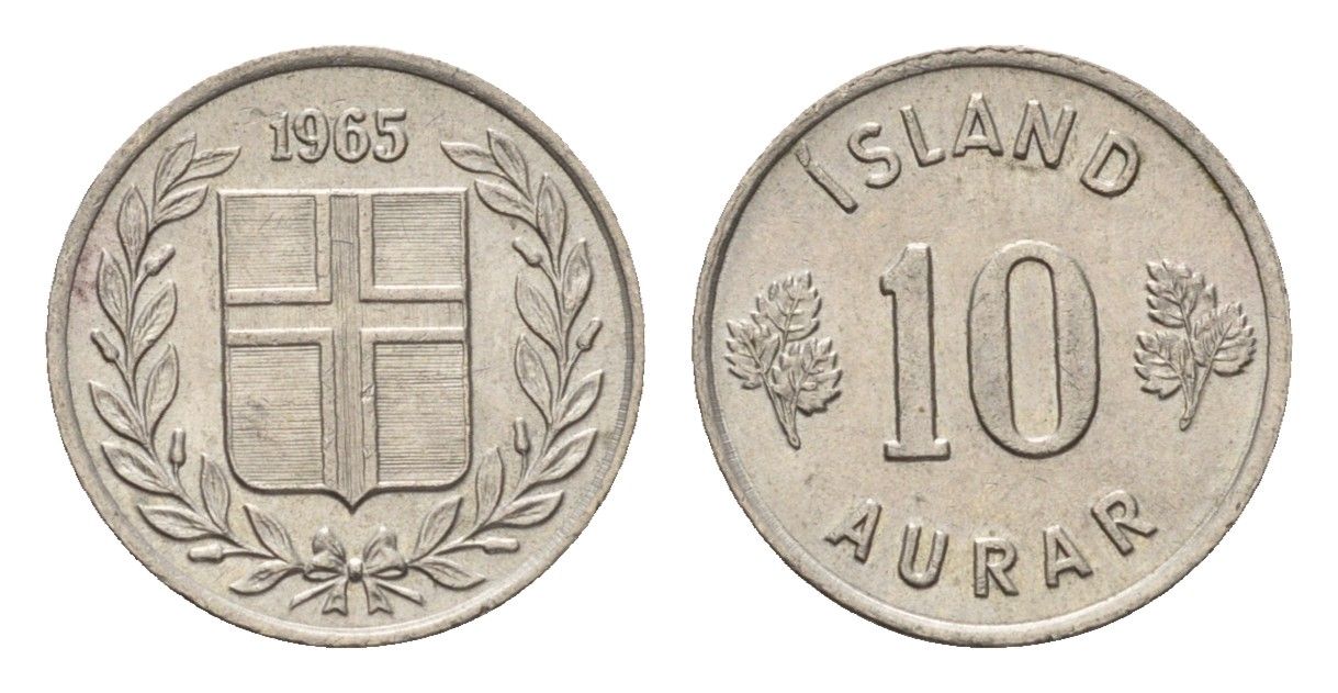 Исландия 10 эйре 1965 KM 10 медно-никель UNC 4690-716