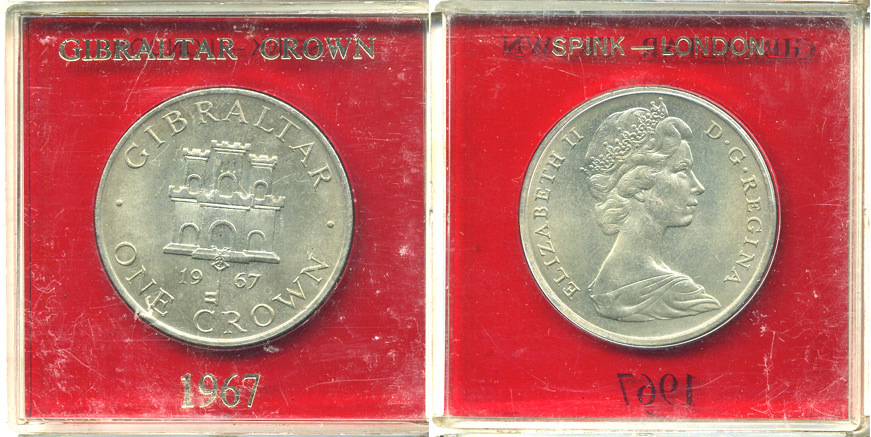 Гибралтар 1 крона 1967 Елизавета II (1952-2022), старый замок, в оригинальной пластиковой коробке, первый год чекана KM 4 медно-никель UNC 6-6-1-2