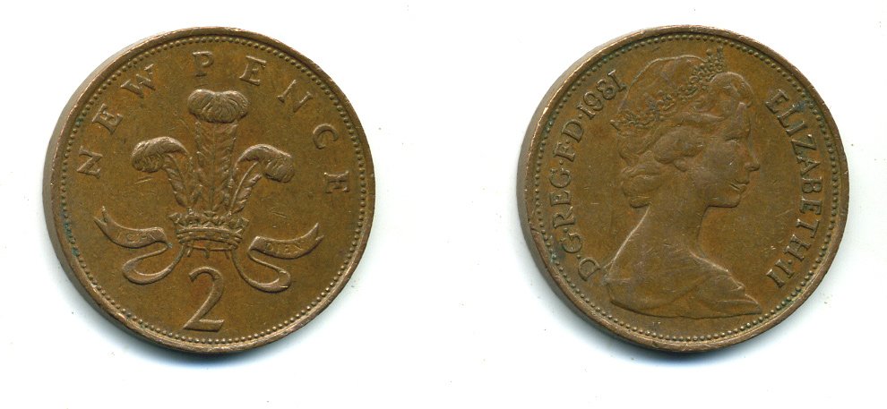 Великобритания 2 пенса 1981 Елизавета II (1952-2022) KM 916, Spink 4235 (C1) бронза 540-357