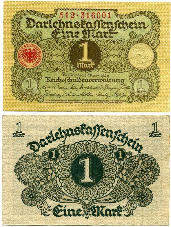 ГЕРМАНИЯ 1 МАРКА 1920 1 МАРТА 1920, ВЕЙМАРСКАЯ РЕСПУБЛИКА Pick 58 бумага 7548-17-4-1