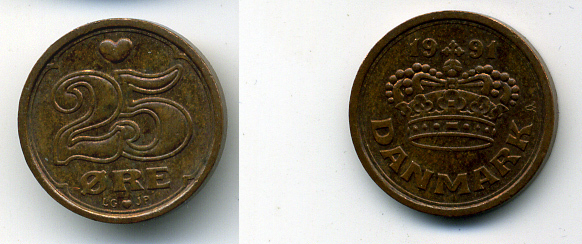 ДАНИЯ 25 ЭРЕ 1991 LG; JP; A, МАРГРЕТЕ II (1972-) KM 868.1 бронза 54-1168