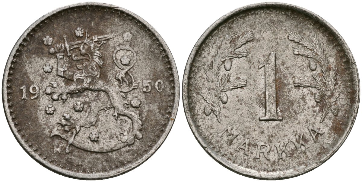 Финляндия 1 марка 1950 Н KM 30b железо 4580-1259