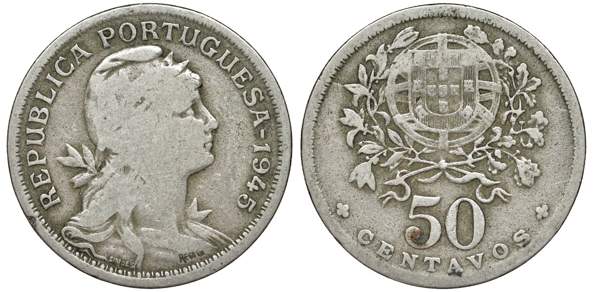 Португалия 50 сентаво 1945 KM 577 медно-никель 51-3316